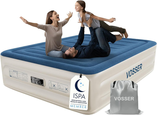 Queen Air Mattress with Built-In Pump,18'' Raised Blow up Mattress, Leak-Proof Air Bed with Storage Bag, Flocked Top Inflatable Mattress for Home, Camping & Guests, I-Beam, Colchon Inflable
