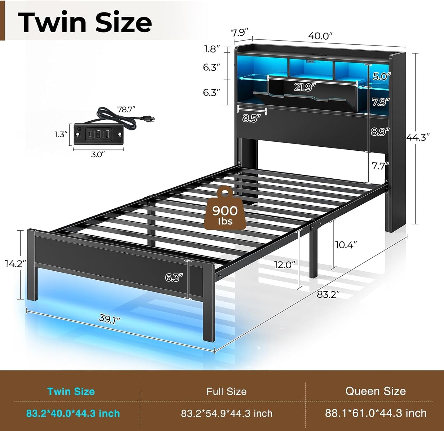 Twin Bed Frame with Headboard, LED Bed with Bookcase Storage and Charging Station, Metal Platform Bed with Glass Shelves, No Box Spring Needed, Noise-Free, Black
