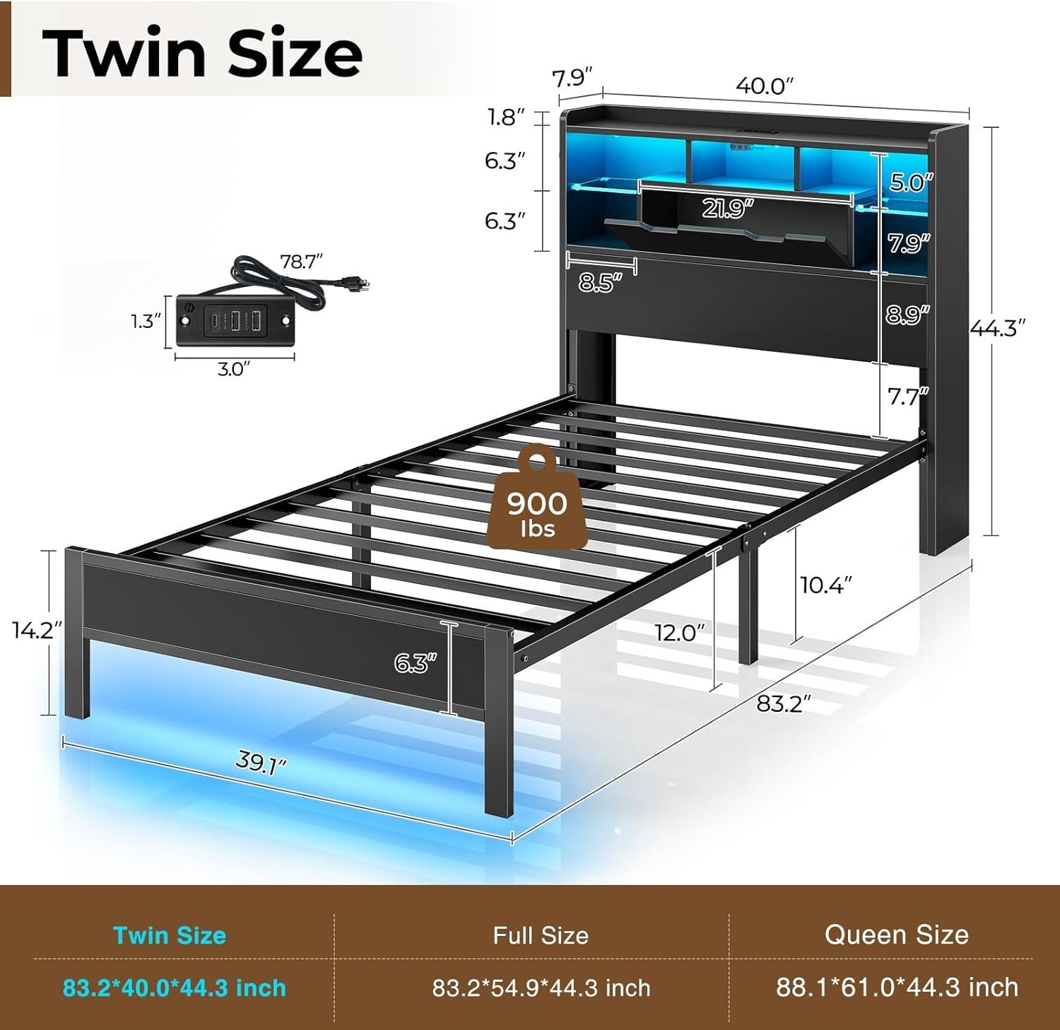Twin Bed Frame with Headboard, LED Bed with Bookcase Storage and Charging Station, Metal Platform Bed with Glass Shelves, No Box Spring Needed, Noise-Free, Black