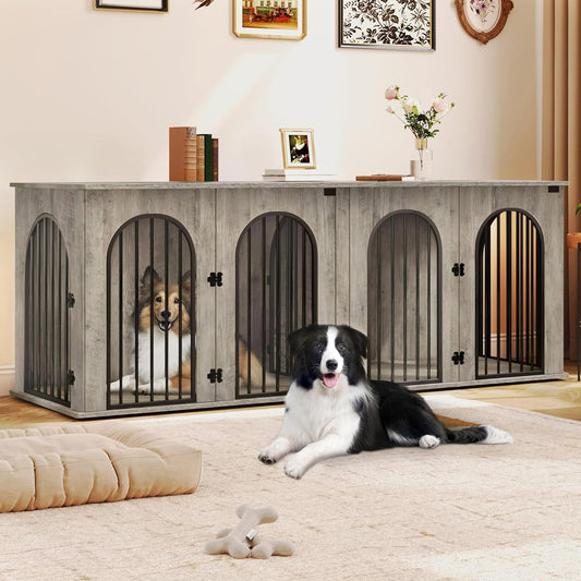88.4" Dog Crate Furniture for 2 Dogs, Heavy Duty Indoor Dog Kennel TV Stand, XXL Wooden Dog Cage with Divider for Medium Large Dogs, End Table Dog Crate with Cushion, Greige Black DFC84005BV1