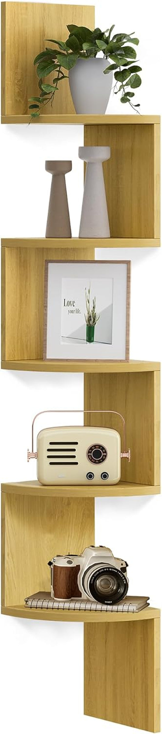 Corner Shelf Wall Mount, 5-Tier Floating Corner Bookshelf, Plant Shelf for Bedroom, Living Room, Bathroom, Home Office, Natural Oak