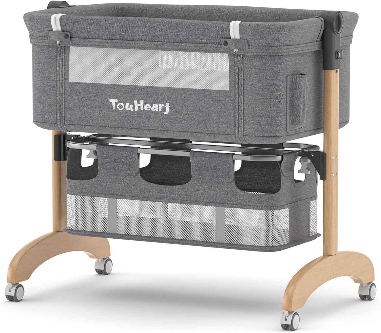 Baby Bassinet, Bedside Bassinet for Baby, 3 in 1 Adjustable Height Bedside Sleeper with Wheels, Breathable Mesh, Easy Folding Portable Crib, Rocking Mode & Storage Basket for Newborn Infants