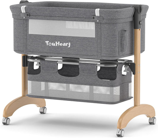 Baby Bassinet, Bedside Bassinet for Baby, 3 in 1 Adjustable Height Bedside Sleeper with Wheels, Breathable Mesh, Easy Folding Portable Crib, Rocking Mode & Storage Basket for Newborn Infants