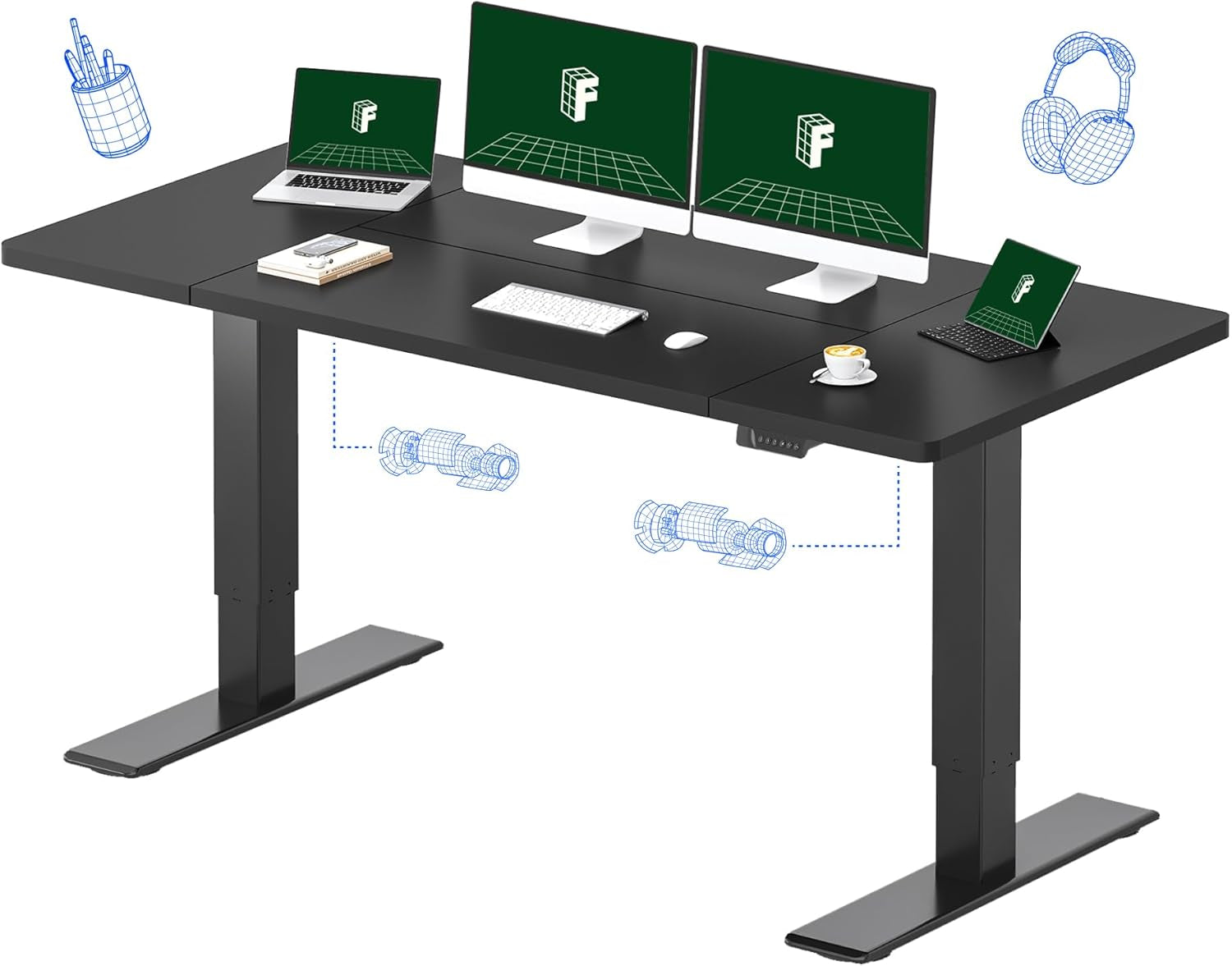 71X32 Inch Large Dual Motor Electric Standing Desk, Black - Computer Desk with Memory Controller, Home Office Desk with Splice Board