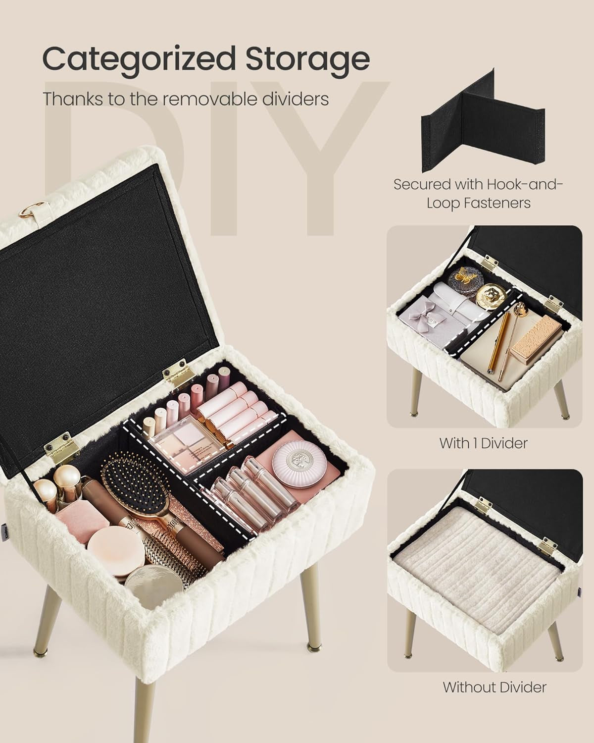 Vanity Stool Chair with Storage, Makeup Stool, Footrest Footstool Ottoman, Metal Legs, Adjustable Feet, for Living Room, Bedroom, Makeup Room, Cream White ULOM505WZ02