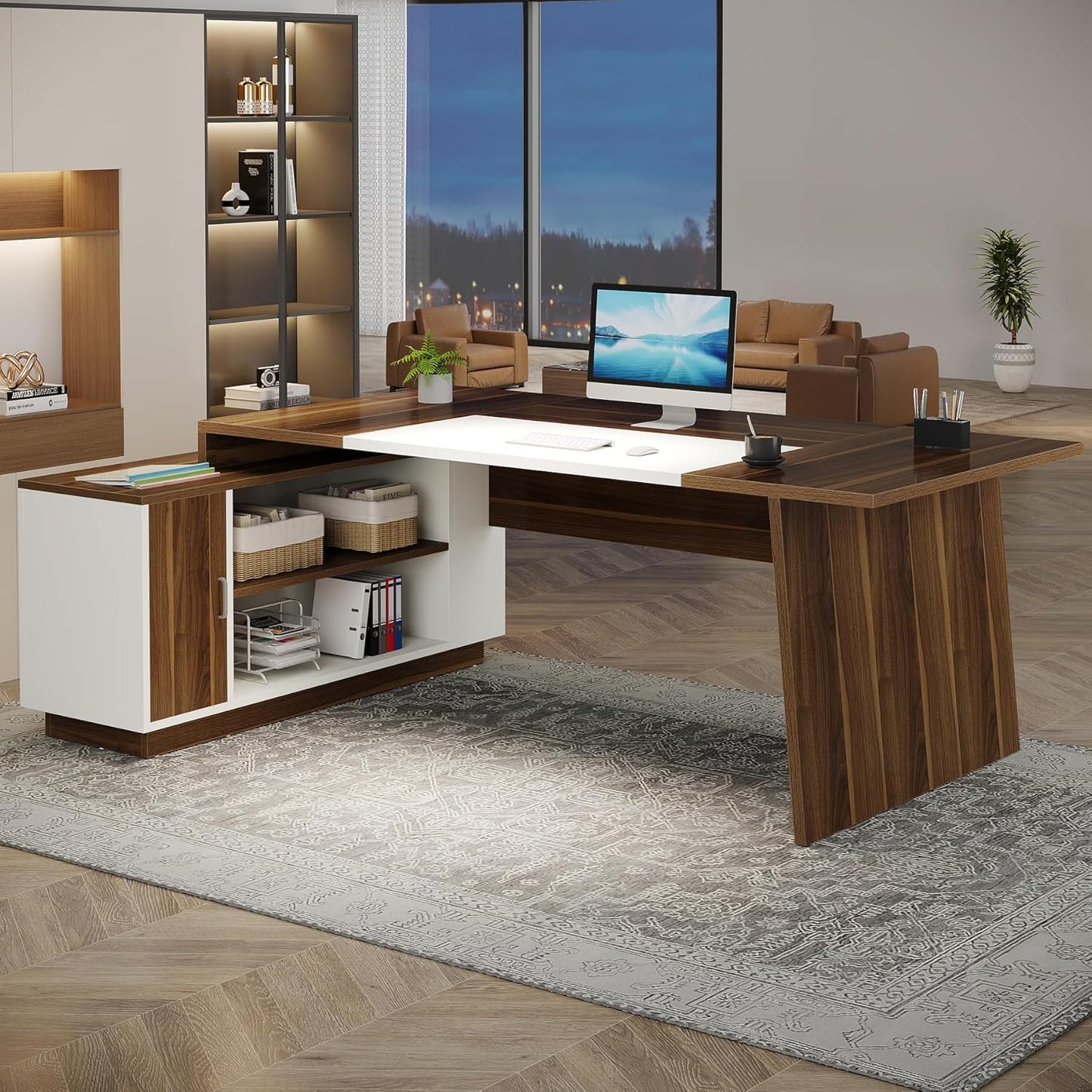 L-Shaped Executive Office Desk, 70.5-Inch Mid-Century Modern Executive Desk with Storage Cabinet and Shelves, Large Computer Desk for Home Office, Brown + White