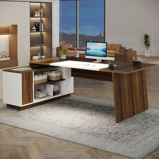 L-Shaped Executive Office Desk, 70.5-Inch Mid-Century Modern Executive Desk with Storage Cabinet and Shelves, Large Computer Desk for Home Office, Brown + White