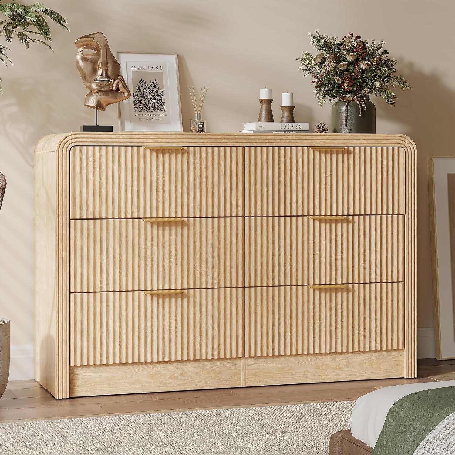 Fluted Drawers Dresser for Bedroom, Wood Dressers with Gold Handles, Modern Dressers with Wave Texture, Large Storage Chest of Drawers, Bedroom Dresser Organizer 47'' & 6 Drawers (Natural Oak)