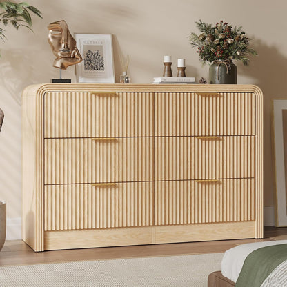 Fluted Drawers Dresser for Bedroom, Wood Dressers with Gold Handles, Modern Dressers with Wave Texture, Large Storage Chest of Drawers, Bedroom Dresser Organizer 47'' & 6 Drawers (Natural Oak)