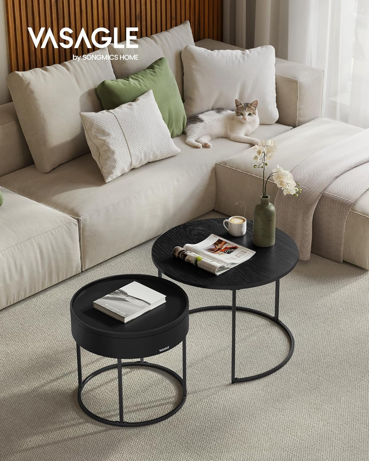 round Coffee Tables, Set of 2 Nesting Tables, Modern round Side Tables with Hidden Storage and Top Tray, for Living Room, Bedroom, Office, Ebony Black and Ink Black ULCT044B56
