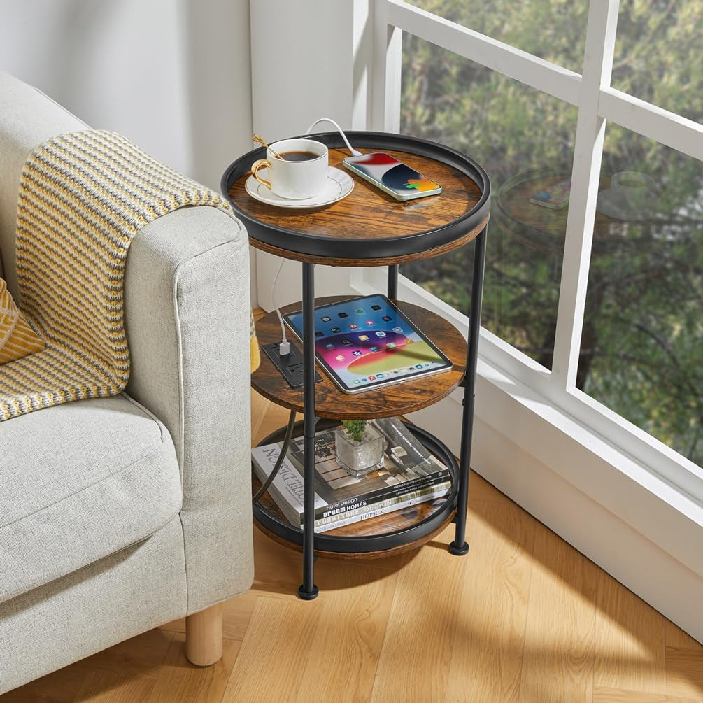 round Side Table with Charging Station, End Table with 3 Shelves for Living Room, Bedroom Nightstand for Small Spaces, Industrial round Sofa Table with Steel Frame (Usb+Rustic Brown)