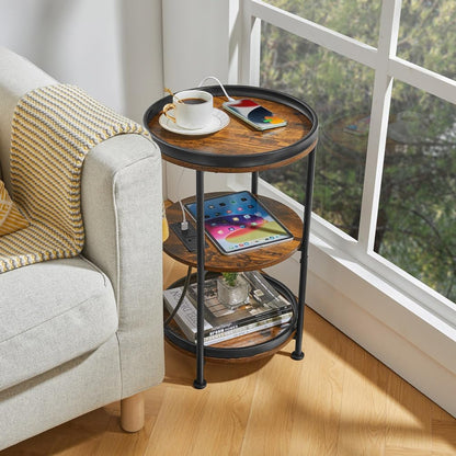 round Side Table with Charging Station, End Table with 3 Shelves for Living Room, Bedroom Nightstand for Small Spaces, Industrial round Sofa Table with Steel Frame (Usb+Rustic Brown)