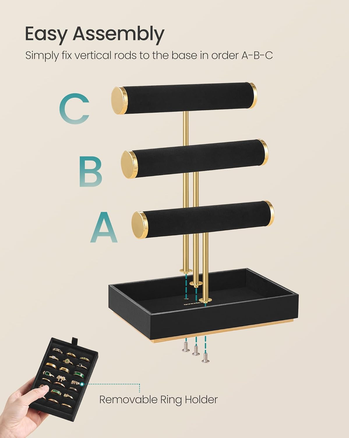 Bracelet Holder Stand, Jewelry Display Stand, Jewelry Organizer, with 3 Tiers and Velvet Tray, Removable Ring Holder, Ink Black UJJS027B01