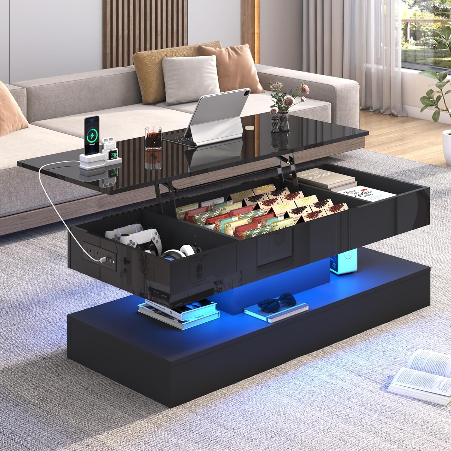 47.2" Large Lift Top Coffee Table,Modern High Glossy LED Coffee Tables for Living Room with Storage,Black Living Room Tables for Living Rooms,Dining Room,Bedroom Home Office,App LED Lights（Black）