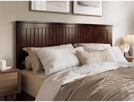 King Coastal Solid Wood Panel Headboard, Walnut Finish, 50 in H X 80.75 in W, Tongue and Groove Beadboard Detailing, Built-In USB Ports, Cottage Style Bedroom Furniture