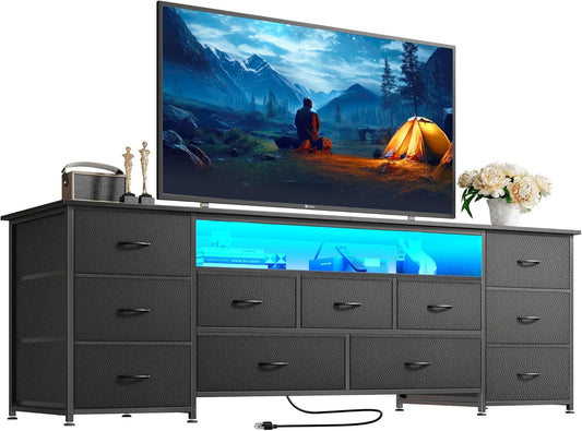 63 Inch TV Stand for 65, 70 Inch TV, 11 Drawer Long Dresser with Power Outlets and LED Lights, Entertainment Center with Storage, Black Dresser with PU Leather Surface