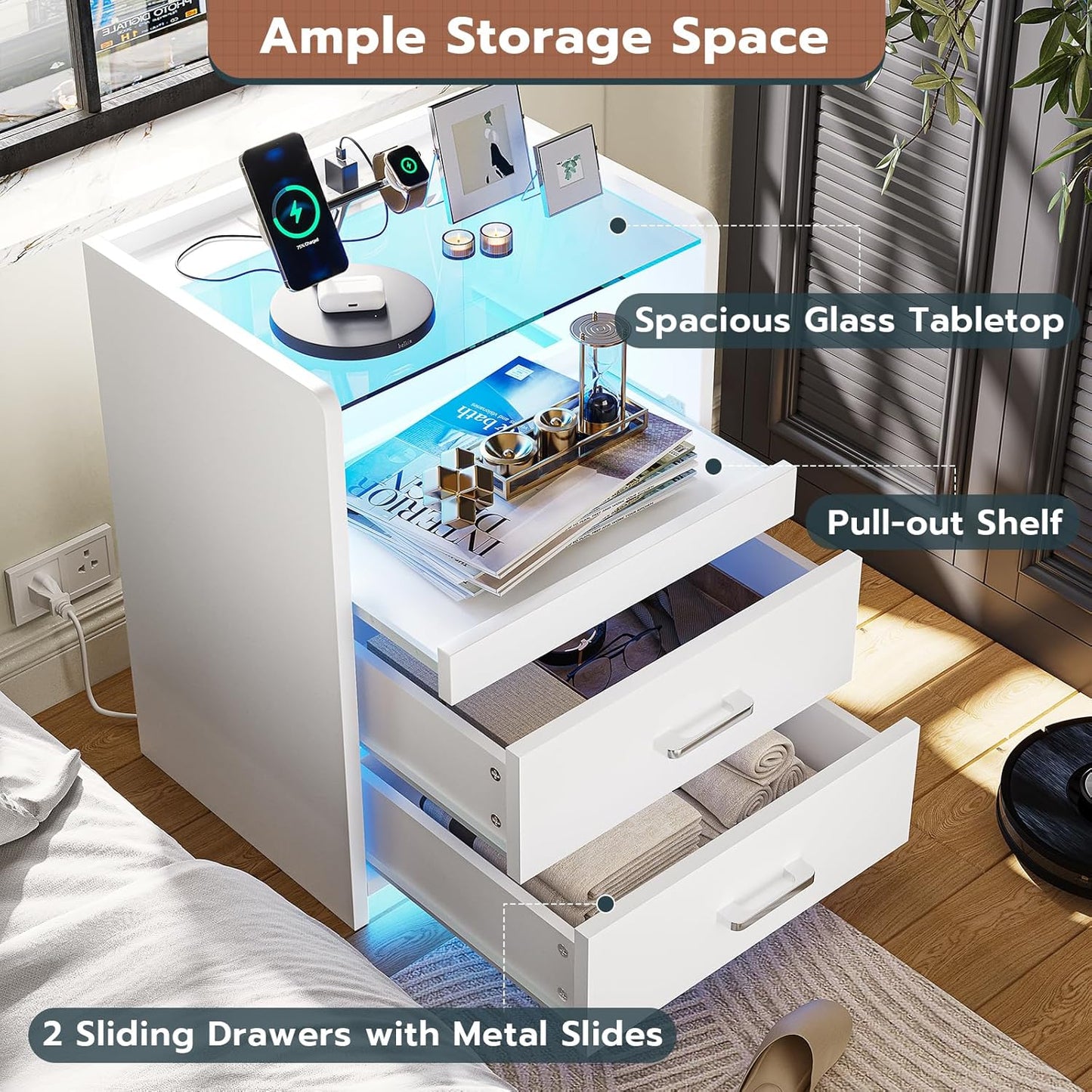White Nightstand with Charging Station and LED Lights, 2 Drawers LED Night Stand with Tempered Glass Tabletop, Modern End Side Tables with Pull-Out Tray, Open Storage Bedside Tables