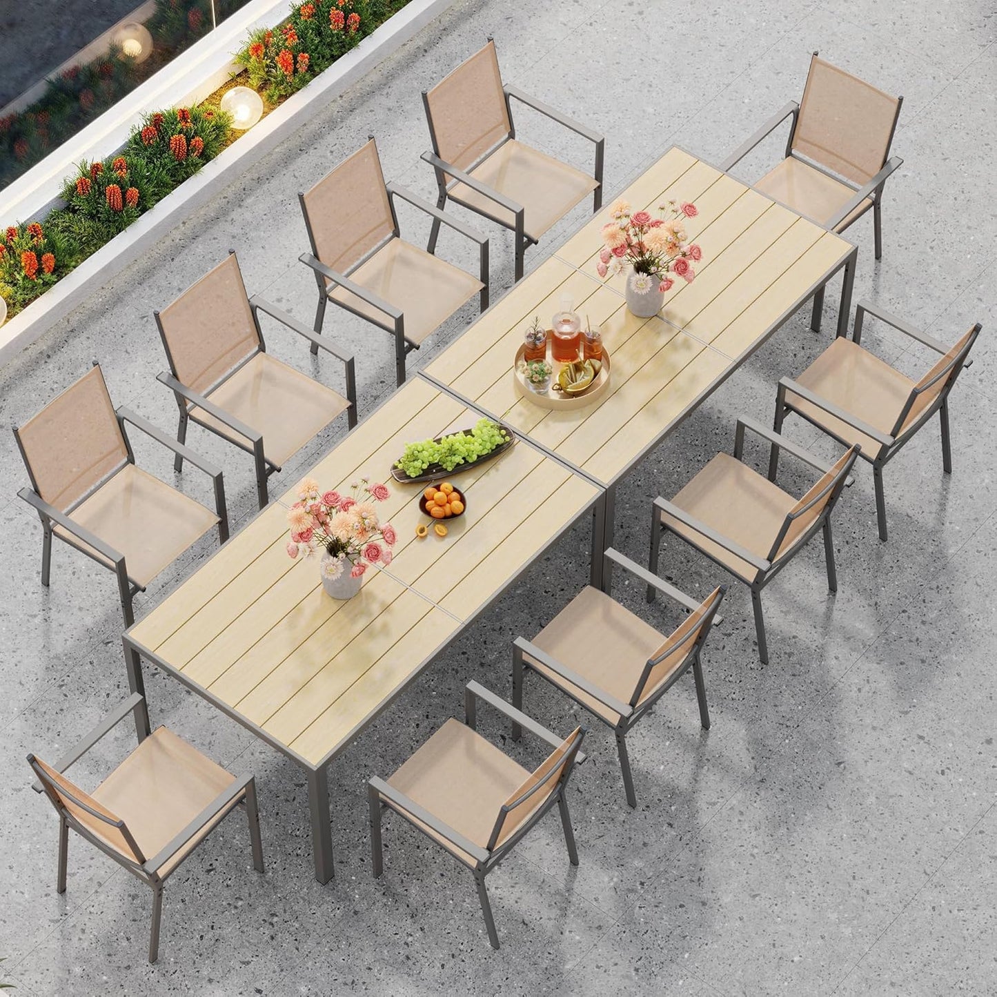 Patio Table and Chairs Set for 6, Outdoor Dining Set Includes 59.5" Rectangle Patio Table with Side Umbrella Hole and 6 Textilene Fabric Patio Chairs for Backyard, Courtyard, Poolside, Brown