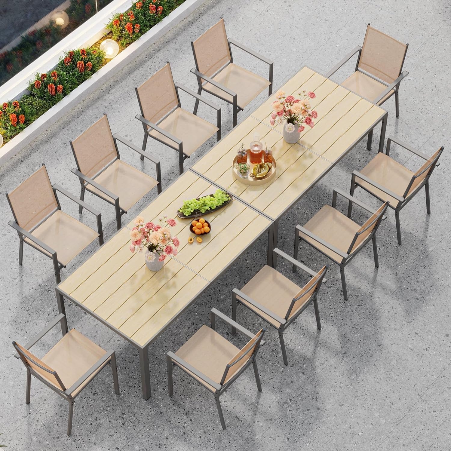 Patio Table and Chairs Set for 6, Outdoor Dining Set Includes 59.5" Rectangle Patio Table with Side Umbrella Hole and 6 Textilene Fabric Patio Chairs for Backyard, Courtyard, Poolside, Brown