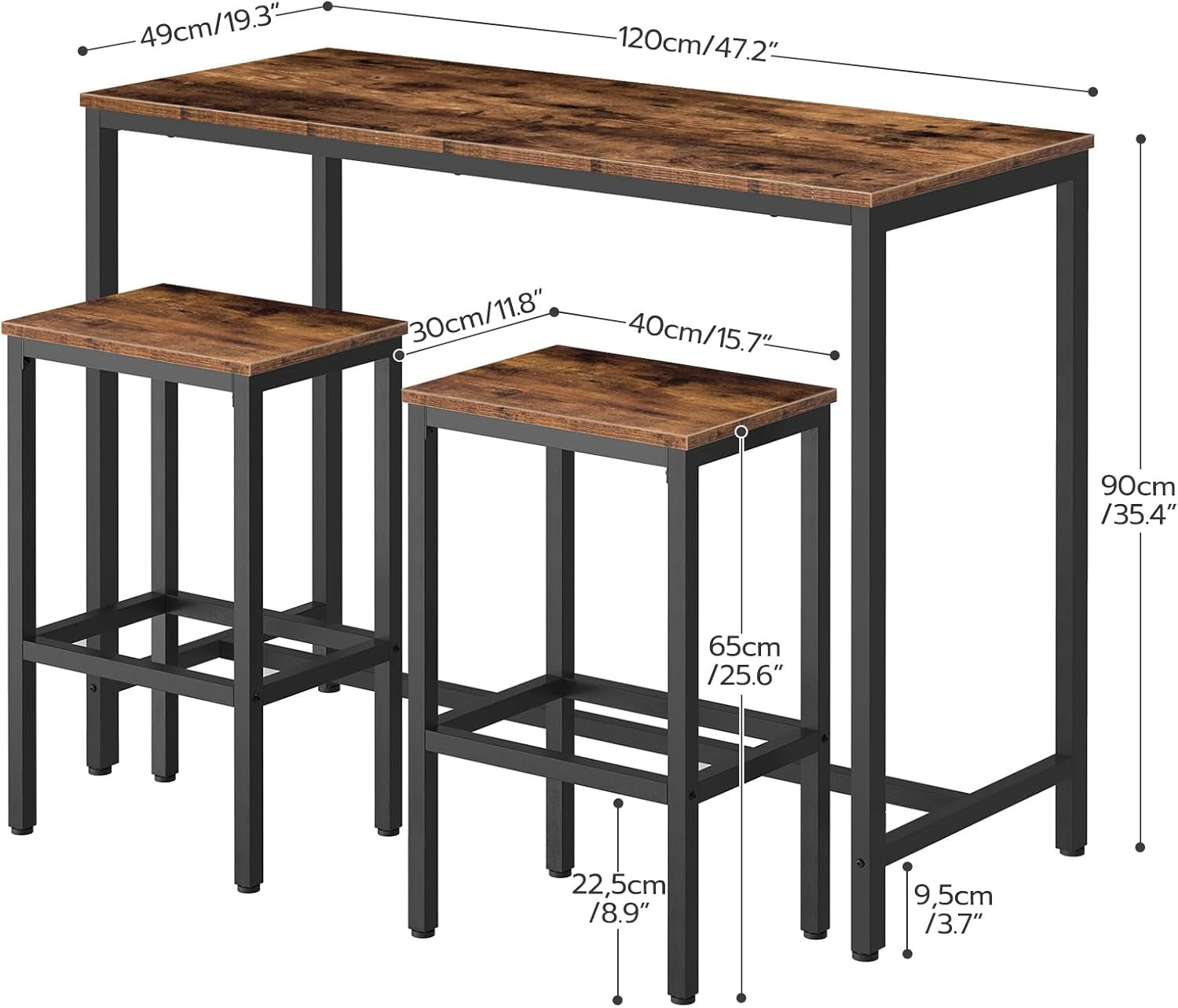 Bar Table and Chairs Set, 47.2” Rectangular Pub Table with 2 Stools for Small Space, High Top Table, 3-Piece Breakfast Stools Set, Sturdy Metal Frame, Easy to Assemble, Rustic Brown BF52BT01