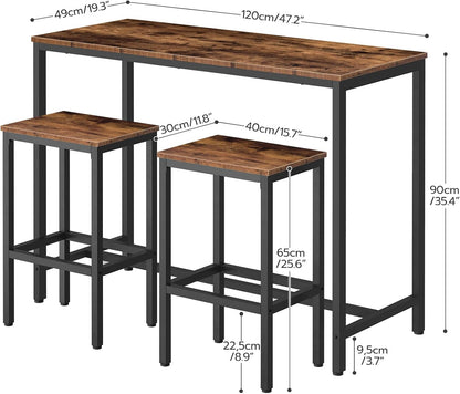 Bar Table and Chairs Set, 47.2” Rectangular Pub Table with 2 Stools for Small Space, High Top Table, 3-Piece Breakfast Stools Set, Sturdy Metal Frame, Easy to Assemble, Rustic Brown BF52BT01