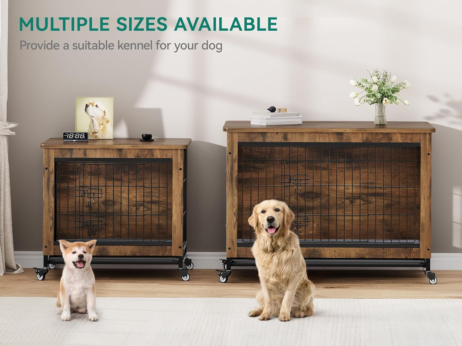 Dog Kennel Furniture with Wheels, Wooden Dog Crate Furniture with Cushion, 38" Dog Crate End Table with Tray for Small/Medium Dog (Rustic Brown)