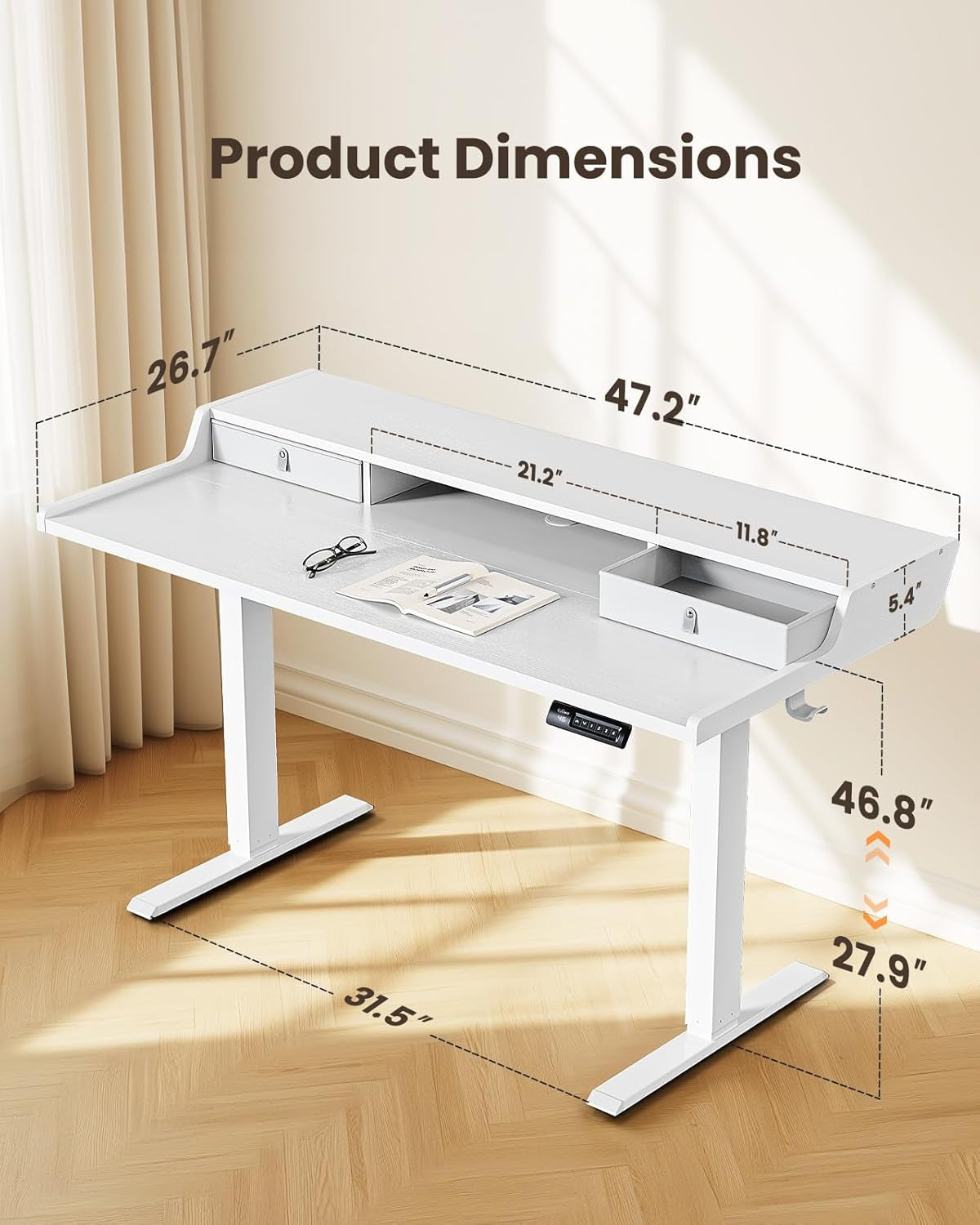 Electric Standing Desk with Drawers, 48″ X 24″ Gaming Table Compatible Monitor Stand, Stand up Desks, Home Office Height-Adjustable Desk with Storage Shelf, 4 Preset Heights, White