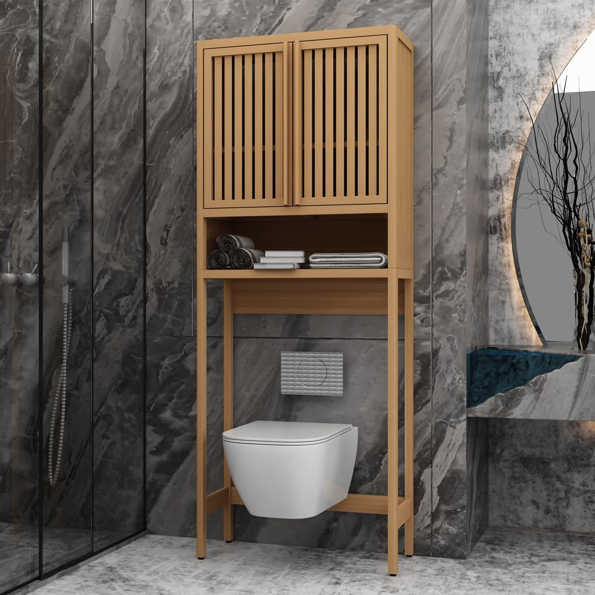 Bamboo over the Toilet Storage Cabinet - 67" Tall Freestanding Toilet Storage with 2 Doors & Open Shelf, Extra Large Capacity Space Saver for Bathroom, Laundry Room (Natural)
