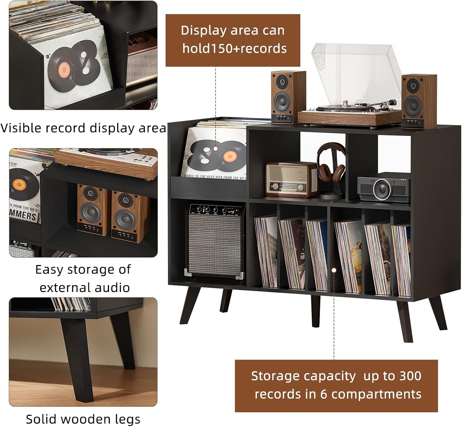 Large Record Player Stand, 48''Turntable Stand with Storage, Vinyl Record Holder with Display Area, Record Player Table Holds up to 450 Albums, Record Stand for Music Room Living Room