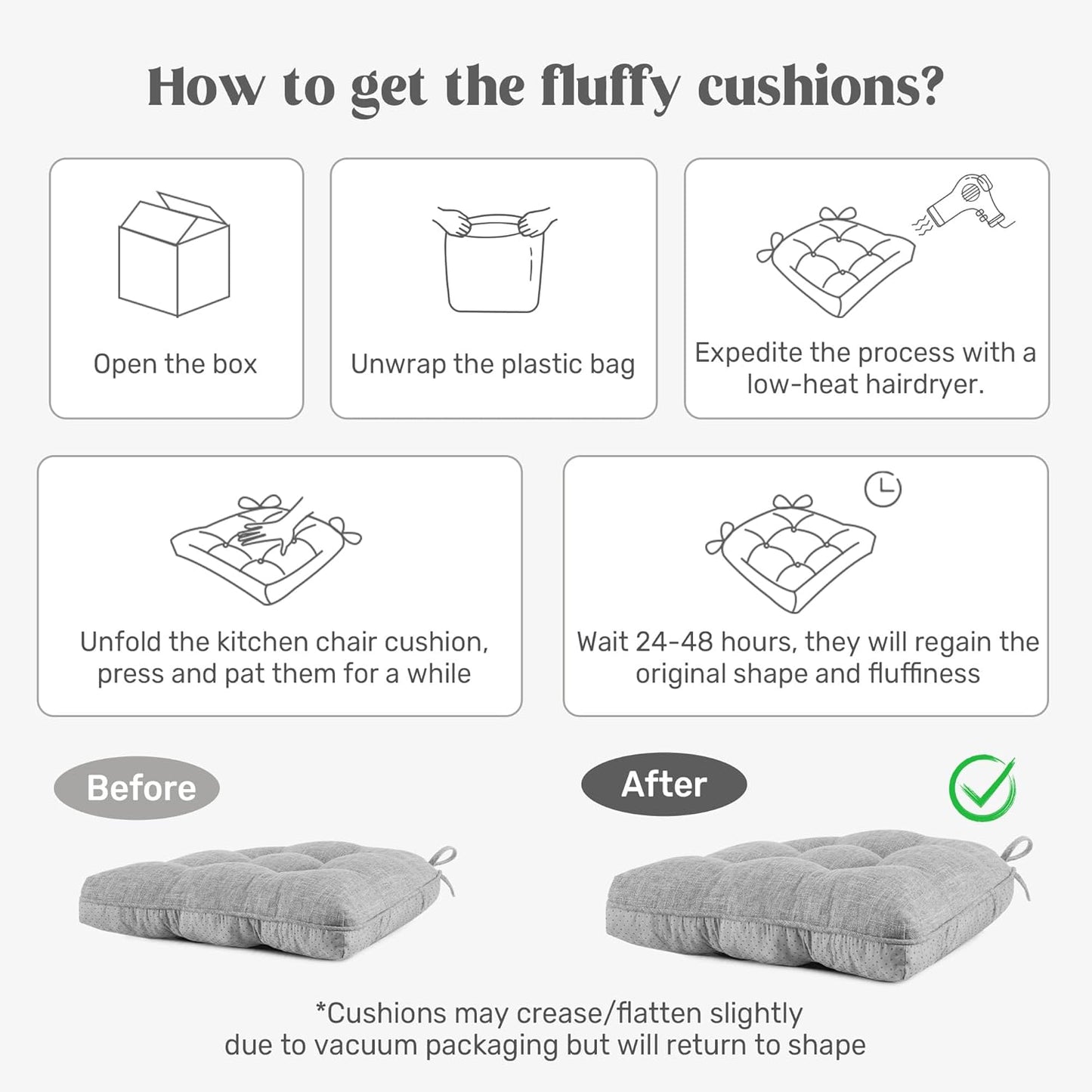 ® Chair Cushions for Dining Chairs, Tufted Memory Foam Chair Pads with Non-Slip Backing, Kitchen Seat Cushions with Ties, Washable Seat Pad Set of 4, 15.5" X 15.5" X 4", Light Grey