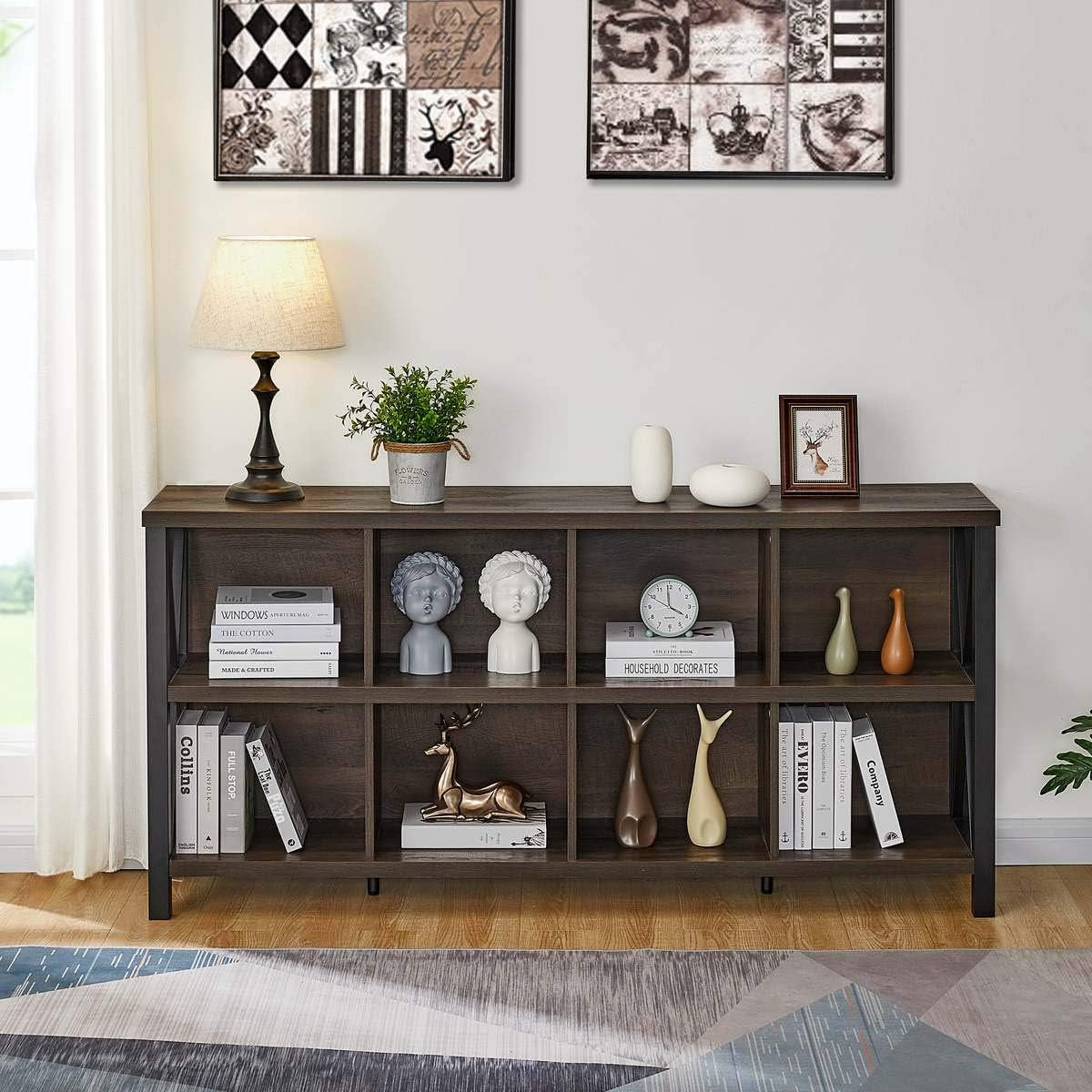 8 Cube Storage Organizer, 62 Inch Heavy Duty Horizontal Bookshelf, Industrial Long Bookcase and TV Stand for 65 Inch TV, Rustic Wood Accent Shelf for Living Room (Walnut Brown)