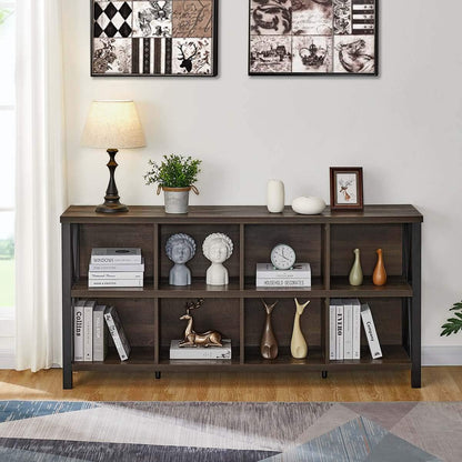 8 Cube Storage Organizer, 62 Inch Heavy Duty Horizontal Bookshelf, Industrial Long Bookcase and TV Stand for 65 Inch TV, Rustic Wood Accent Shelf for Living Room (Walnut Brown)