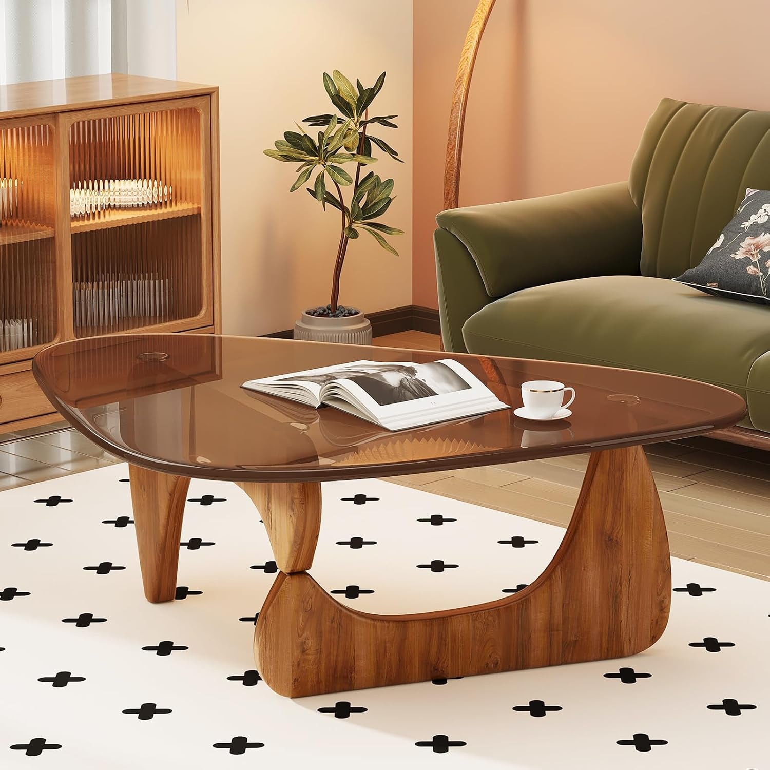 Coffee Table for Living Room Mid Century Modern Center Table with Glass Top and Wood, Brown/Walnut