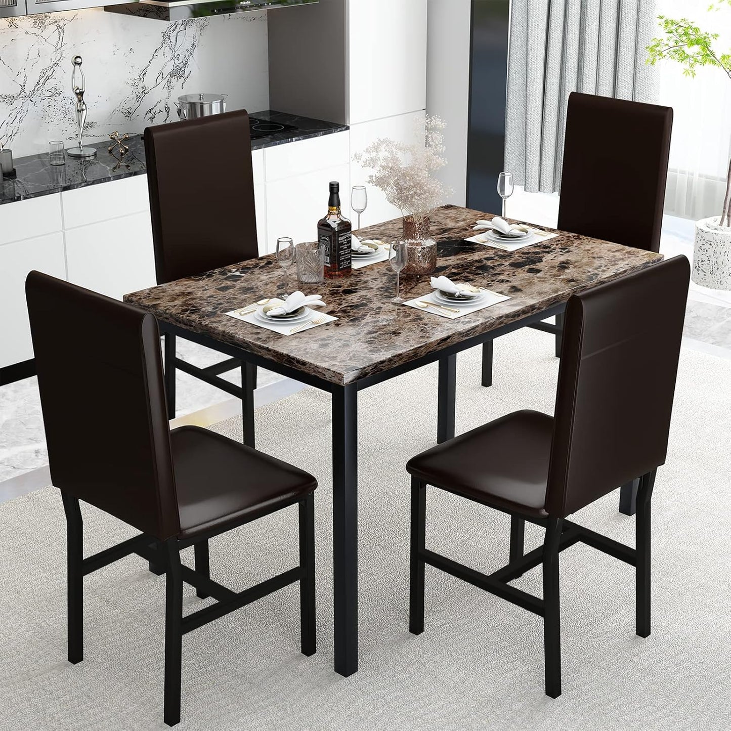 5 Piece Dining Table Set for 4,Faux Marble Kitchen Table and Chairs for 4, Modern Dining Room Table with 4 Chairs,Dinner Table Set for Small Spaces, Brown