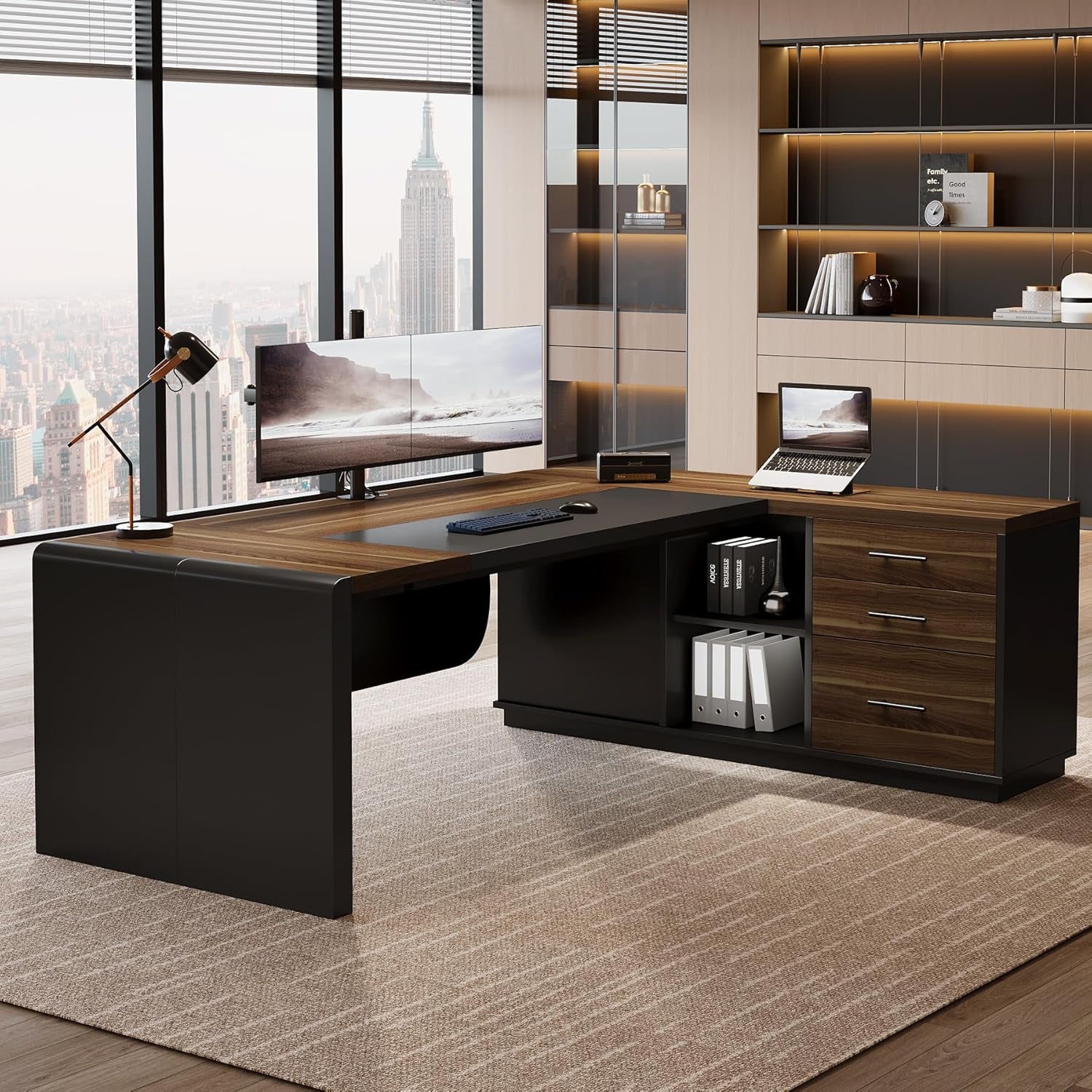 81-Inch L-Shaped Office Desk, Large Commercial Office Desk with Drawers and File Cabinet, Modern Professional Business Furniture Workstations with Storage Shelves, Brown & Black