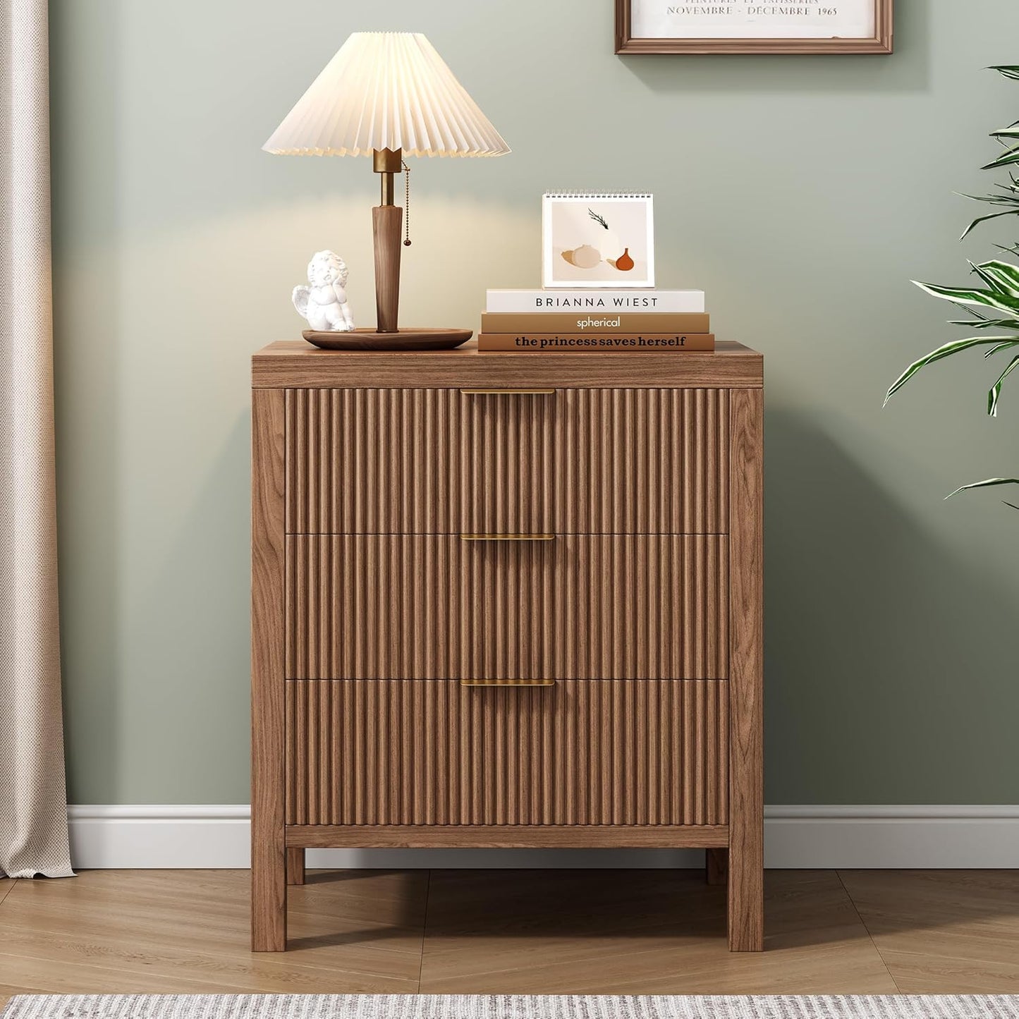 Fluted Nightstands Set of 2, Wooden Farmhouse Night Stands with 6 Drawer Bedside Table - Boho Tall End Table Accent Table for Bedroom, Living Room, Walnut