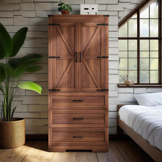 70" Tall Wardrobe Closet with 2 Doors & 3 Drawers, Farmhouse Armoire with Hanging Rod, Wooden Armoire Wardrobe Closet for Bedroom, Freestanding Clothing Storage Cabinet, Brown