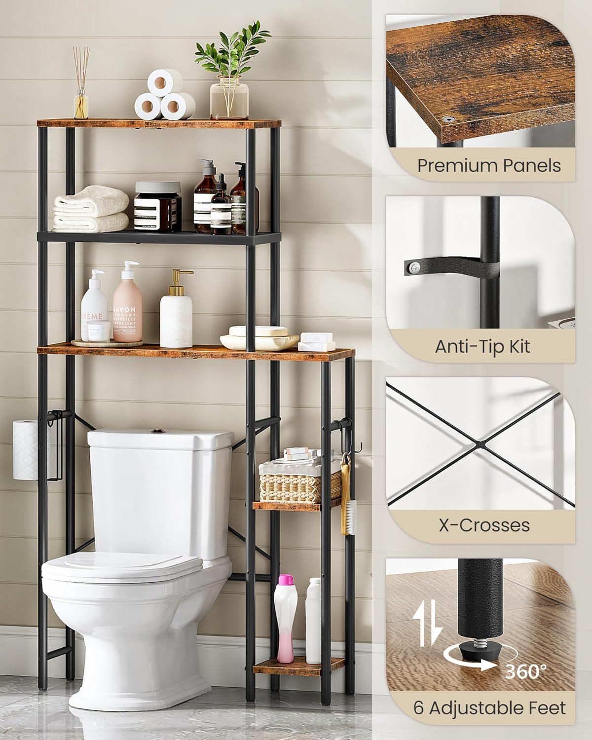 Over the Toilet Storage, 6-Tier Bathroom Organizer Shelf, Over-Toilet Storage Cabinet with Toilet Paper Hook, Space Saving, for Bathroom, Laundry, Entryway, Rustic Brown and Black TTS02BF