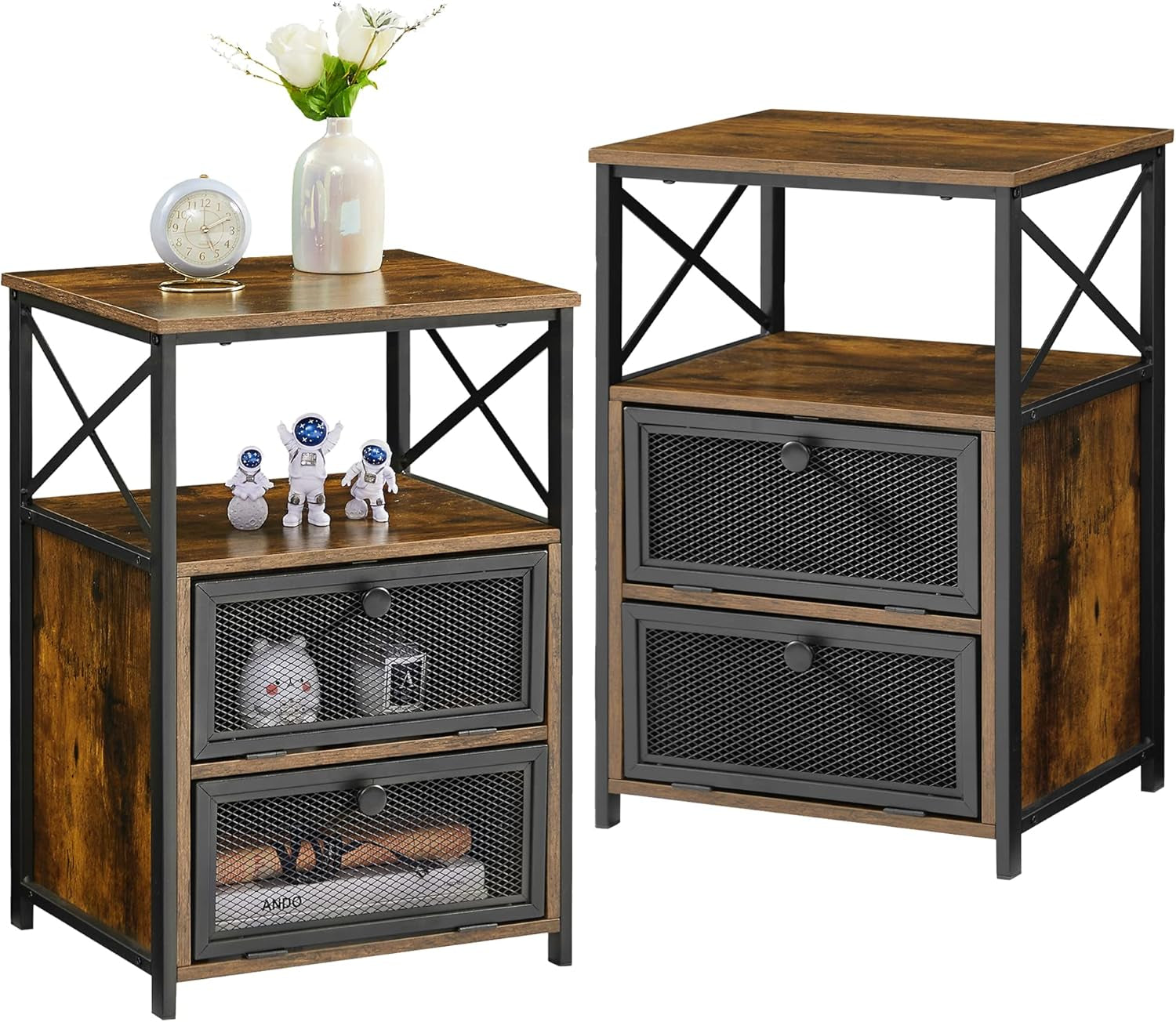 Modern Night Stand, End Side Table with Storage Space and Door, Nightstands with Flip Drawers for Living Room,Bedroom,Lounge,Set of 2, Brown