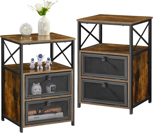 Modern Night Stand, End Side Table with Storage Space and Door, Nightstands with Flip Drawers for Living Room,Bedroom,Lounge,Set of 2, Brown