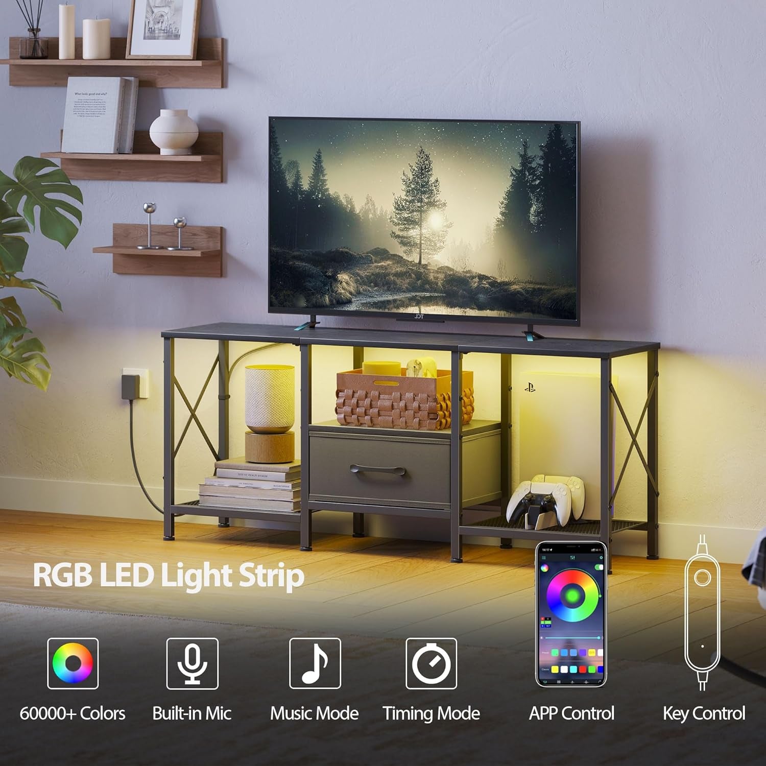 LED TV Stand with Fabric Drawer, Entertainment Center for 50 55 Inch TV, Industrial TV Console Table with Open Storage Shelves for Living Room, Bedroom, Black