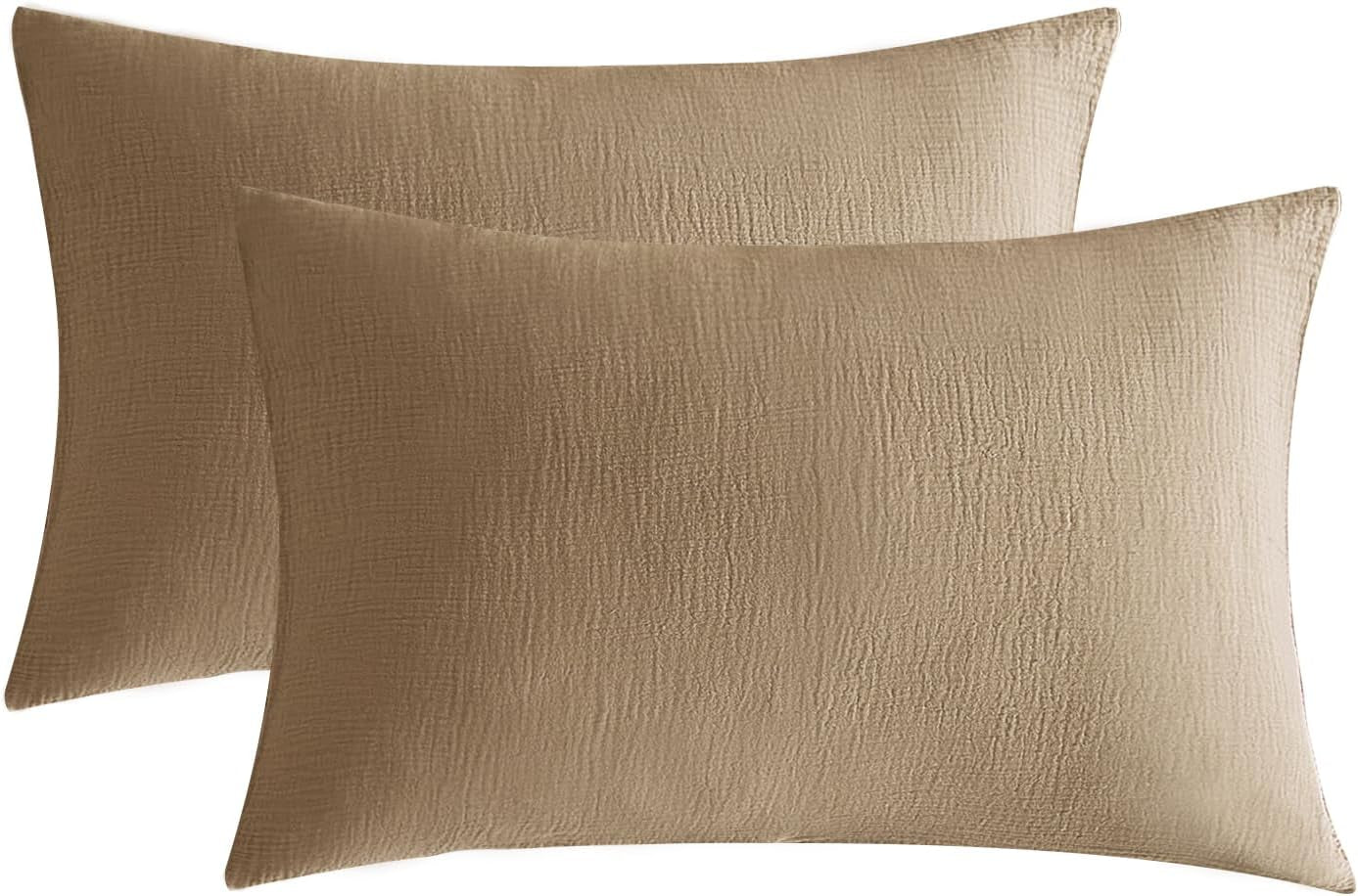 Muslin Pillowcases King Size 100% Cotton, 2 Pack Linen like Pillow Shams with Envelope Closure, Ultral Soft and Breathable Pillow Case Covers, Light Brown, 20" X 36", No Filling