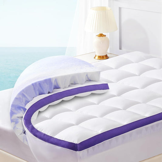 Dual Layer 4 Inch Memory Foam Mattress Topper Queen - 2 Inch Gel Memory Foam and 2 Inch Pillow Top Mattress Pad, 7-Zone Egg Crate Mattress Topper