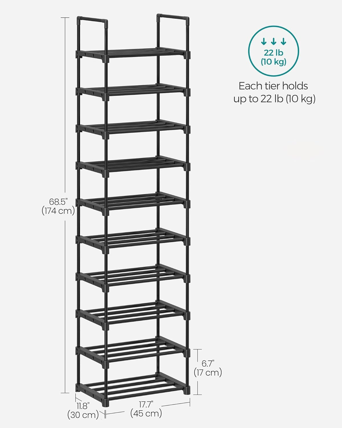 Shoe Rack, 10-Tier Shoe Organizer, Metal Storage Shelf, Upright or Upside Down, for 11-22 Pairs, for Entryway, 11.8 X 17.7 X 68.5 Inches, Black ULSA25BK