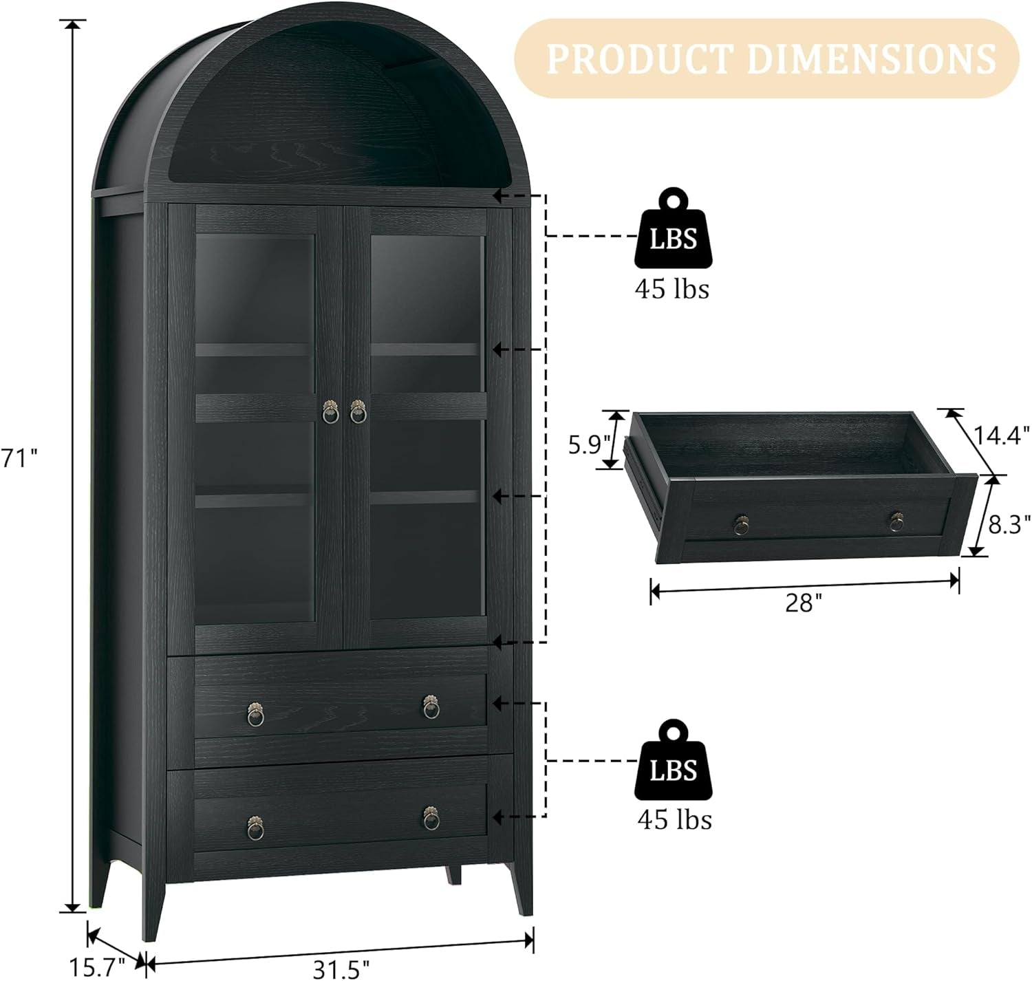 71" Tall Arched Kitchen Pantry, Arched Cabinet, Kitchen Storage Cabinets with 2 Large Drawers & Adjustable Shelves & Glass Door for Living Room, Dining Room, Black