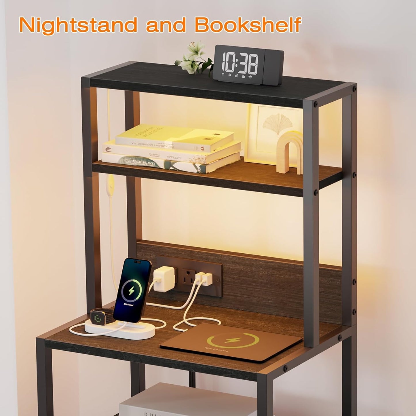 Night Stand, Tall Nightstand with 4-Tier Shelves, 2 Fabric Drawers and Light Tube, Bed Side Tables with Charging Station, Bedside Table for Bedroom, Office, Black Oak