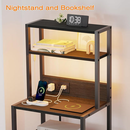 Night Stand, Tall Nightstand with 4-Tier Shelves, 2 Fabric Drawers and Light Tube, Bed Side Tables with Charging Station, Bedside Table for Bedroom, Office, Black Oak