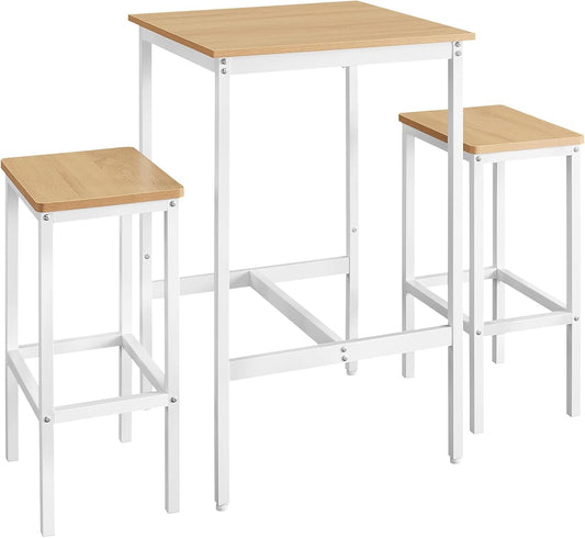 Bar Table and Chairs Set, Square Table with 2 Stools, Dining Pub Set for 2, Space Saving for Kitchen Breakfast, Living Room, Party Room, Golden Oak and Cloud White