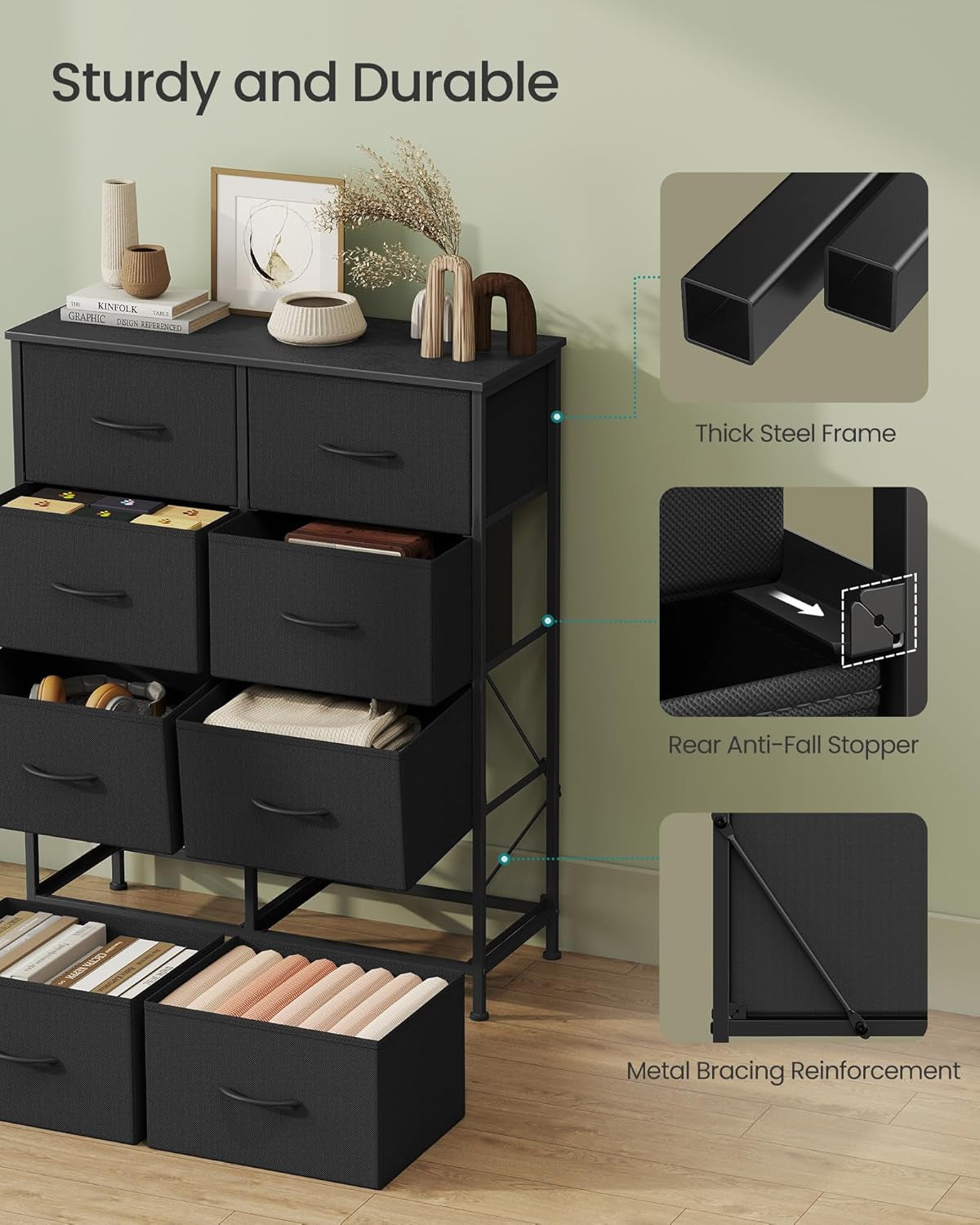 Dresser for Bedroom, Chest of Drawers, Steel, MDF, 8 Non-Woven Fabric Drawers, Storage Organizer Unit, Closet, Entryway, Ink Black and Ebony Black LGS124B01S