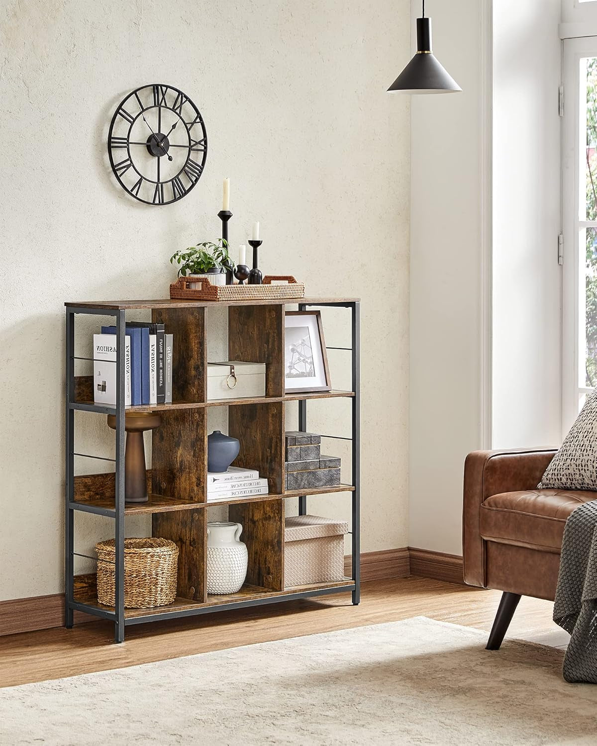 Bookshelf, Bookcase, 9 Cubes Storage Organizer, Industrial Open Display Shelf, for Bedroom, Office, Living Room, Metal Frame, Rustic Brown and Black ULLS112B01